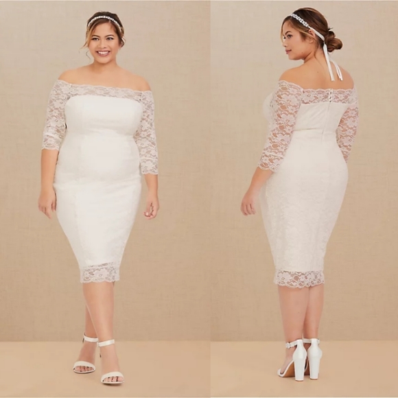 Torrid SPECIAL OCCASION IVORY LACE OFF SHOULDER BODYCON DRESS - Picture 2 of 8